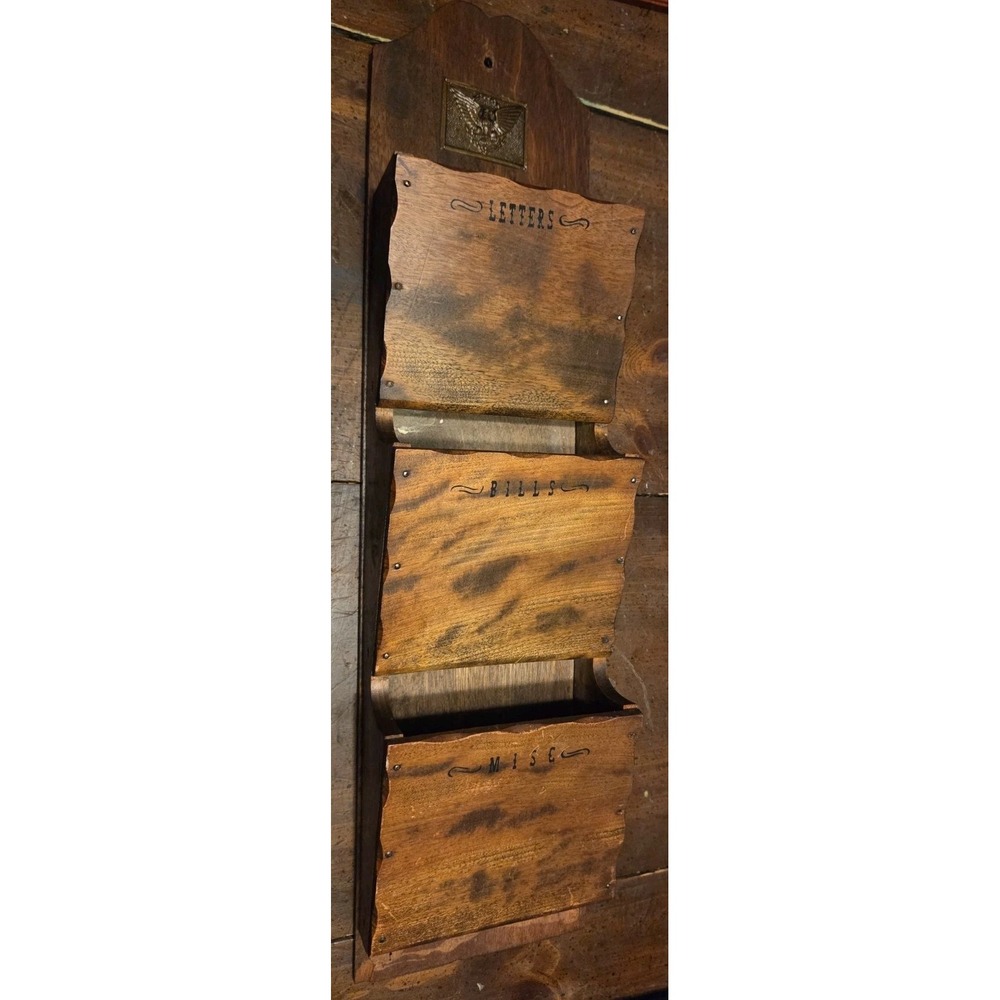 Vintage 3 Pocket Wooden Mail Sorter Brass USPS Insignia Dark Wood Wall Mount